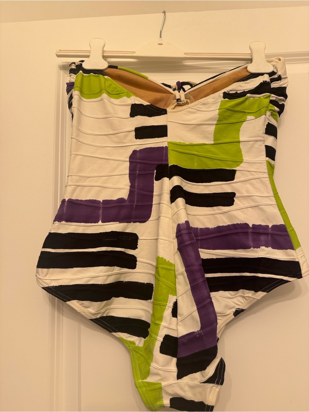 Strapless One-Piece Swimsuit in White with Black, Green & Purple Print - Picture 2 of 6